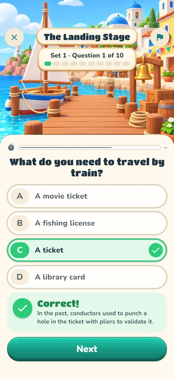 A question at the Landing Stage, answered correctly, with its explanation.