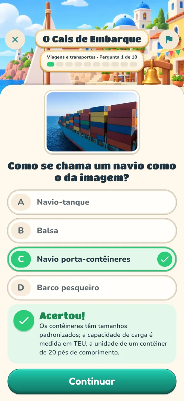 Uma pergunta no Cais de Embarque, respondida corretamente, com sua explicação.