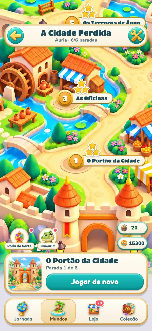 O mapa do mundo “A Cidade Perdida” com suas paradas.