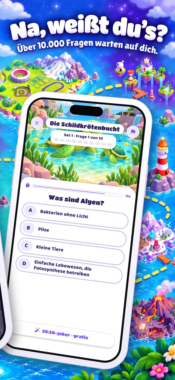 Na, weißt du's? Über 10.000 Fragen warten auf dich. Eine Quizfrage in der Schildkrötenbucht.