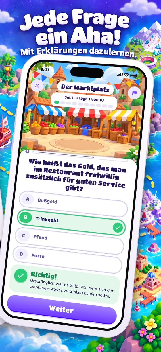 Jede Frage ein Aha! Eine richtig beantwortete Frage mit Erklärung.